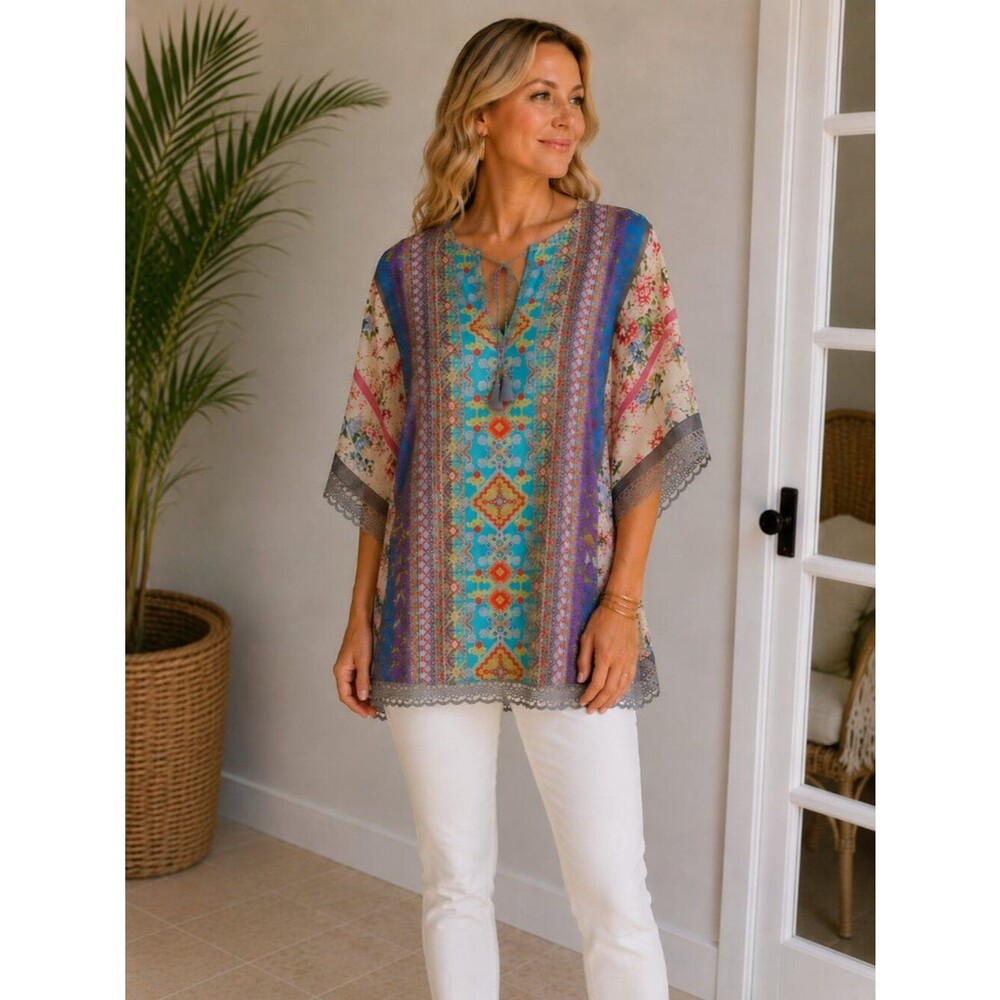 Johnny Was Multicolor Dolman Sleeve Keyhole Oversized Tunic Top Size S